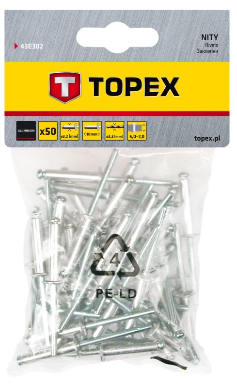 Заклепки TOPEX, алюминиевые, 3.2ммx10мм, 50шт (43E302) Заклепки TOPEX, алюминиевые, 3.2ммx10мм, 50шт (43E302)