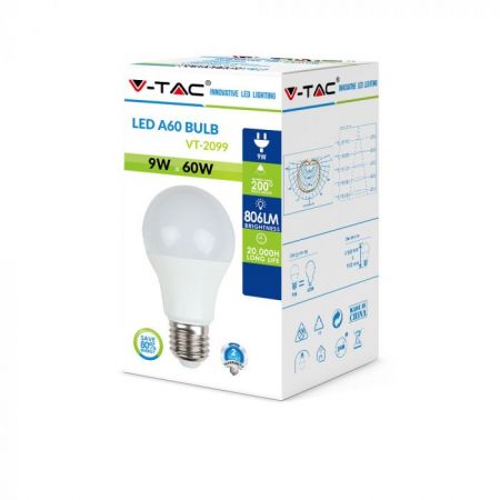 V-TAC E27 9W (806Lm) LED лампа, нейтральне біле світло 4000K