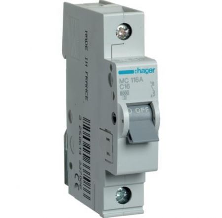 Автоматичний вимикач Hager 1P 6кА C-16A (MC116A)