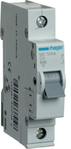 Автоматичний вимикач Hager 1P 6кА C-4A (MC104A)