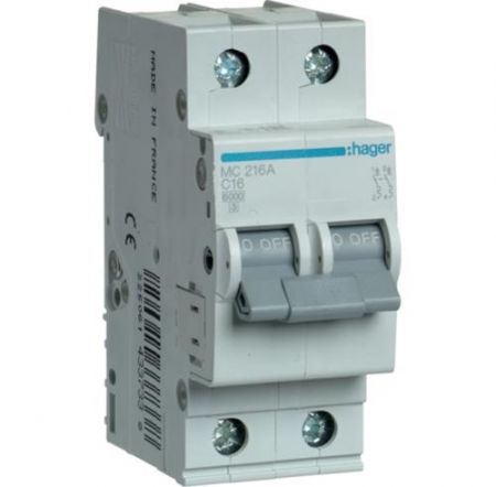 Автоматичний вимикач Hager 2P 6кА C-16A (MC216A)