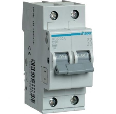 Автоматичний вимикач Hager 2P 6кА C-20A (MC220A)