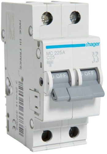 Автоматичний вимикач Hager 2P 6кА C-25A (MC225A)