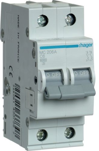 Автоматичний вимикач Hager 2P 6кА C-6A (MC206A)