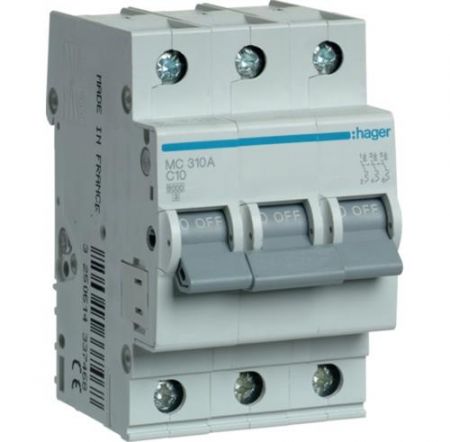 Автоматичний вимикач Hager 3P 6кА C-10A (MC310A)