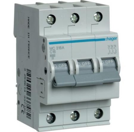 Автоматичний вимикач Hager 3P 6кА C-16A (MC316A)