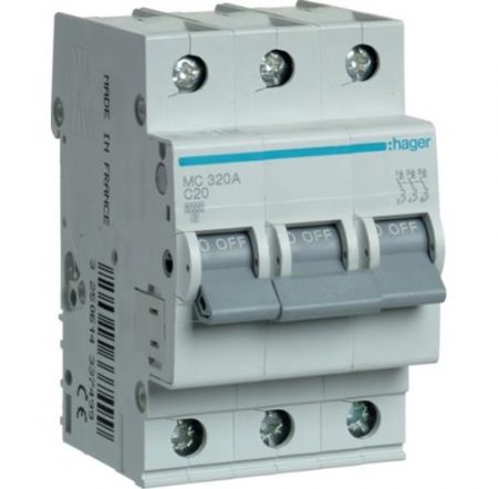 Автоматичний вимикач Hager 3P 6кА C-20A (MC320A)