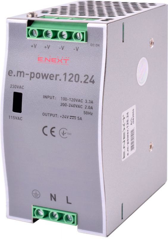 Блок живлення на DIN-рейку 120Вт, DC24В (e.m-power.120.24) E.NEXT (i083006) Блок живлення на DIN-рейку 120Вт, DC24В (e.m-power.120.24) E.NEXT (i083006)