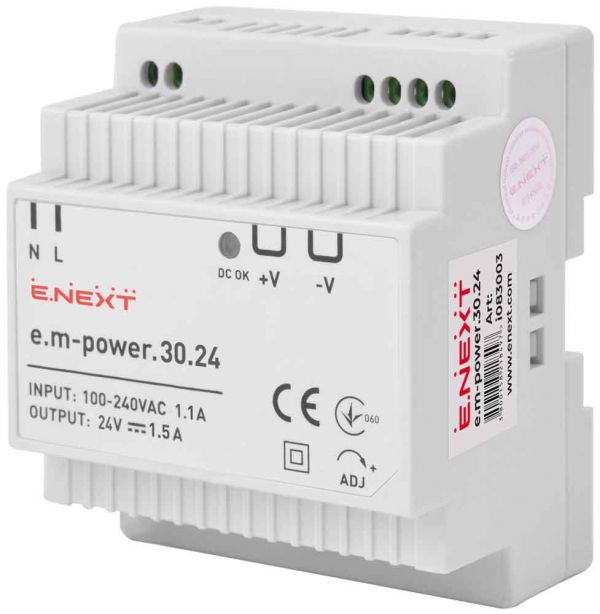 Блок живлення на DIN-рейку 30Вт, DC24В (e.m-power.30.24) E.NEXT (i083003) Блок живлення на DIN-рейку 30Вт, DC24В (e.m-power.30.24) E.NEXT (i083003)