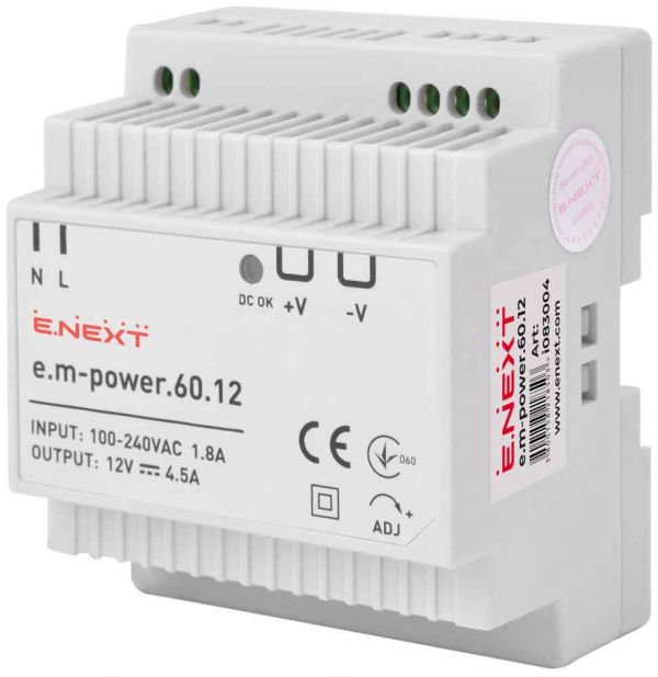 Блок живлення на DIN-рейку 60Вт, DC12В (e.m-power.60.12) E.NEXT (i083004) Блок живлення на DIN-рейку 60Вт, DC12В (e.m-power.60.12) E.NEXT (i083004)