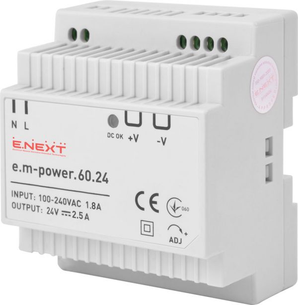 Блок живлення на DIN-рейку 60Вт, DC24В (e.m-power.60.24) E.NEXT (i083005) Блок живлення на DIN-рейку 60Вт, DC24В (e.m-power.60.24) E.NEXT (i083005)