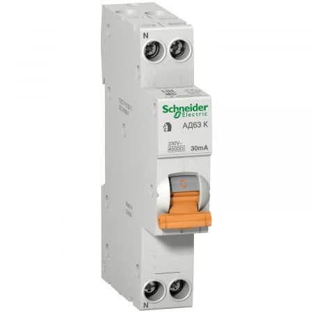 Дифференциальный автоматический выключатель Schneider Electric АД63К, 1Р+N, C, 20А, 30мА, 4.5кА (12523) УЗО