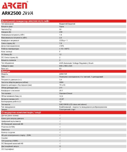 Генератор дизельный ARKEN ARK2500XE