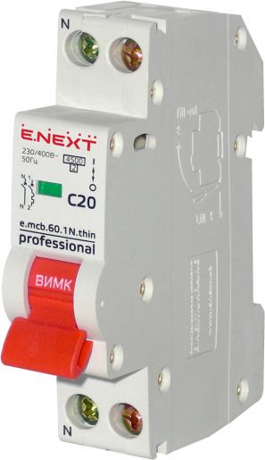 Модульний автоматичний вимикач E.NEXT (e.mcb.pro.60.1N.С20.thin) 1p+N, 20А, C, 4,5кА, тонкий (p055002)