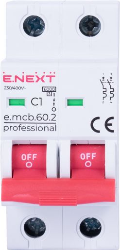 Модульний автоматичний вимикач E.NEXT (e.mcb.pro.60.2.C 1 new) 2p, 1А, C, 6кА (p042041)