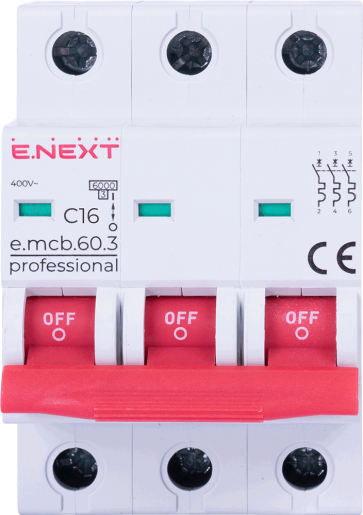 Модульный автоматический выключатель E.NEXT (e.mcb.pro.60.3.C 16 new) 3p, 16А, C, 6кА (p042031)