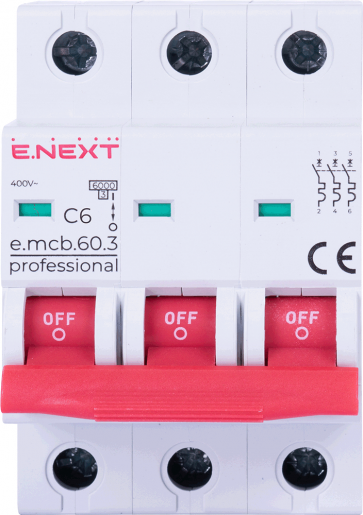 Модульний автоматичний вимикач E.NEXT (e.mcb.pro.60.3.C 6 new) 3p, 6А, C, 6кА (p042029)