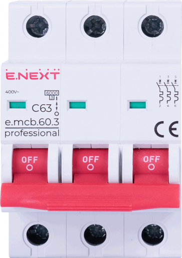 Модульний автоматичний вимикач E.NEXT (e.mcb.pro.60.3.C 63 new) 3p, 63А, C, 6кА (p042037)