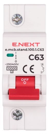 Модульний автоматичний вимикач E.NEXT (e.mcb.stand.100.1.C63) 1p, 63А, C, 10кА (s002204)