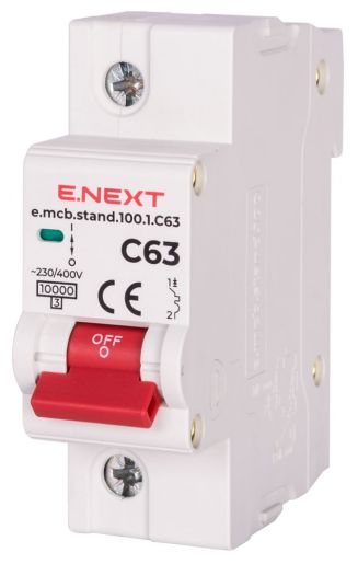 Модульний автоматичний вимикач E.NEXT (e.mcb.stand.100.1.C63) 1p, 63А, C, 10кА (s002204)
