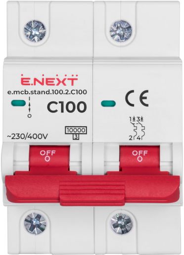 Модульний автоматичний вимикач E.NEXT (e.mcb.stand.100.2.C100) 2p, 100А, C, 10кА (s002210)