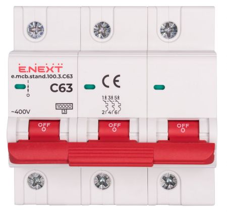 Модульний автоматичний вимикач E.NEXT (e.mcb.stand.100.3.C63) 3p, 63А, C, 10кА (s002212)