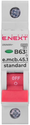 Модульний автоматичний вимикач E.NEXT (e.mcb.stand.45.1.B63), 1p, 63А, B, 4,5кА (s001014)