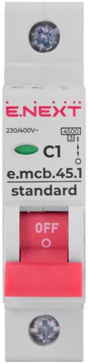 Модульний автоматичний вимикач E.NEXT (e.mcb.stand.45.1.C1), 1p, 1А, C, 4,5кА (s002001)