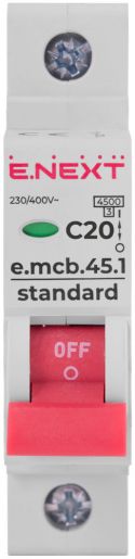 Модульний автоматичний вимикач E.NEXT (e.mcb.stand.45.1.C20), 1p, 20А, C, 4,5кА (s002009)