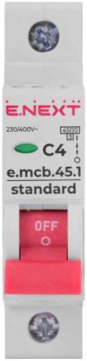Модульный автоматический выключатель E.NEXT (e.mcb.stand.45.1.C4), 1p, 4А, C, 4,5кА (s002004)