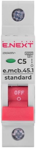 Модульный автоматический выключатель E.NEXT (e.mcb.stand.45.1.C5), 1р, 5А, C, 4,5 кА (s002005)