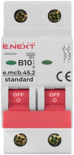 Модульний автоматичний вимикач E.NEXT (e.mcb.stand.45.2.B10), 2p, 10А, B, 4,5кА (s001016)