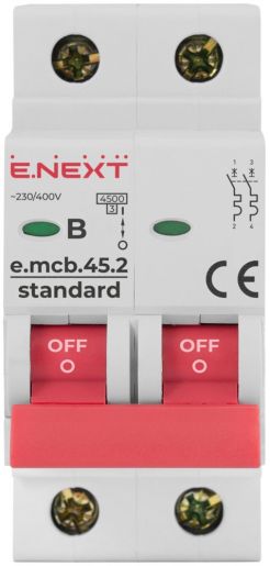 Модульний автоматичний вимикач E.NEXT (e.mcb.stand.45.2.B2), 2p, 2А, B, 4,5кА (s001033)