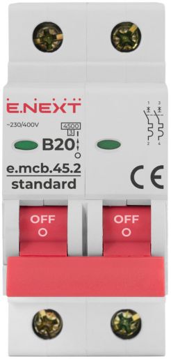 Модульний автоматичний вимикач E.NEXT (e.mcb.stand.45.2.B20), 2p, 20А, B, 4,5кА (s001018)