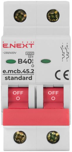 Модульний автоматичний вимикач E.NEXT (e.mcb.stand.45.2.B40), 2p, 40А, B, 4,5кА (s001021)