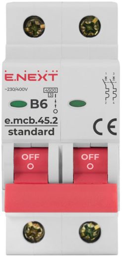 Модульний автоматичний вимикач E.NEXT (e.mcb.stand.45.2.B6), 2p, 6А, B, 4,5кА (s001015)