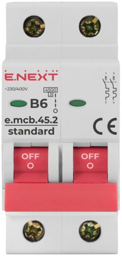 Модульный автоматический выключатель E.NEXT (e.mcb.stand.45.2.B6), 2р, 6А, В, 4,5 кА (s001015)