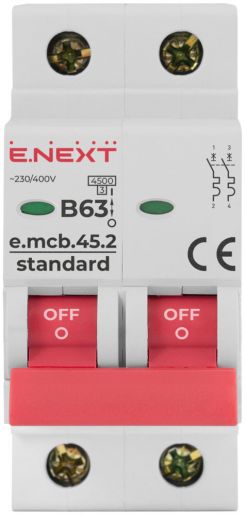 Модульный автоматический выключатель E.NEXT (e.mcb.stand.45.2.B63), 2р, 63А, В, 4,5 кА (s001023)