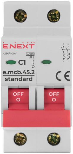 Модульный автоматический выключатель E.NEXT (e.mcb.stand.45.2.C1), 2p, 1А, C, 4,5кА (s002054)