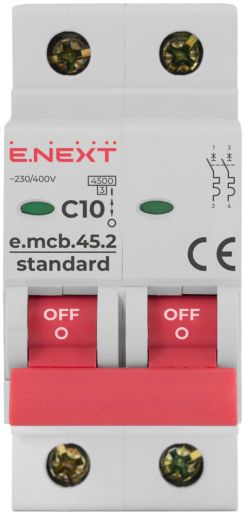 Модульный автоматический выключатель E.NEXT (e.mcb.stand.45.2.C10), 2р, 10А, C, 4,5 кА (s002016)