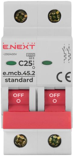 Модульний автоматичний вимикач E.NEXT (e.mcb.stand.45.2.C25), 2p, 25А, C, 4,5кА (s002019)