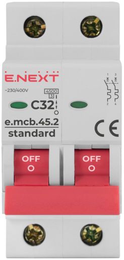 Модульний автоматичний вимикач E.NEXT (e.mcb.stand.45.2.C32), 2p, 32А, C, 4,5кА (s002020)