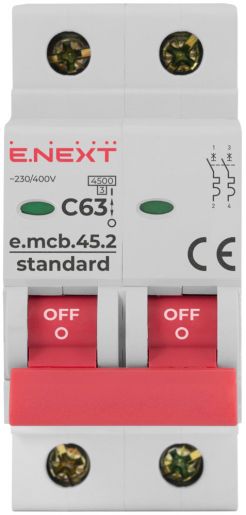 Модульний автоматичний вимикач E.NEXT, 2p, 63А, C, 4.5кА (s002023)