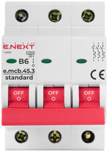 Модульний автоматичний вимикач E.NEXT (e.mcb.stand.45.3.B6), 3p, 6А, B, 4,5кА (s001024)