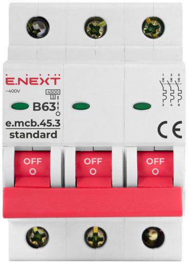 Модульный автоматический выключатель E.NEXT (e.mcb.stand.45.3.B63), 3p, 63А, B, 4,5 кА (s001032)