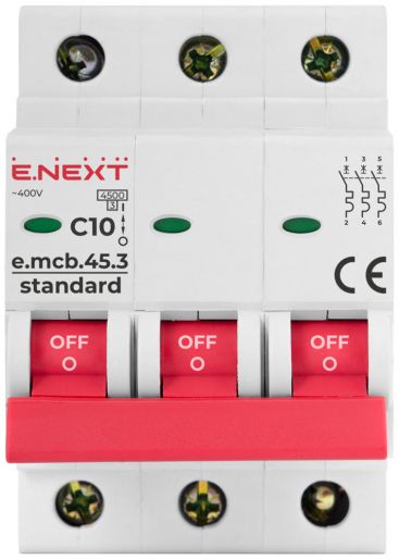 Модульний автоматичний вимикач E.NEXT (e.mcb.stand.45.3.C10), 3p, 10А, C, 4,5кА (s002030)