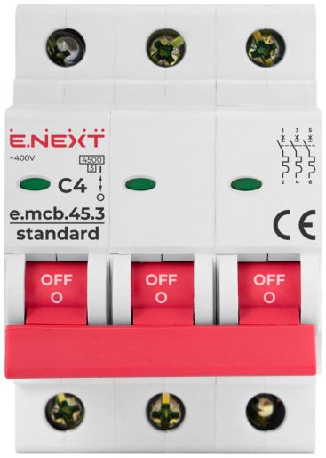 Модульний автоматичний вимикач E.NEXT (e.mcb.stand.45.3.C4), 3p, 4А, C, 4,5кА (s002027)