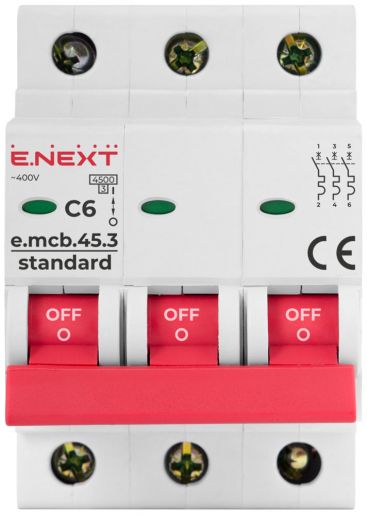 Модульний автоматичний вимикач E.NEXT (e.mcb.stand.45.3.C6), 3p, 6А, C, 4,5кА (s002029)