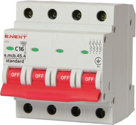 Модульный автоматический выключатель E.NEXT (e.mcb.stand.45.4.C16), 4р, 16А, C, 4,5 кА (s002047)
