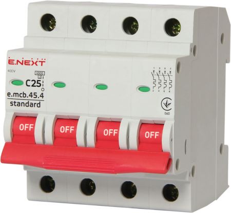 Модульный автоматический выключатель E.NEXT (e.mcb.stand.45.4.C25), 4р, 25А, C, 4,5 кА (s002049)